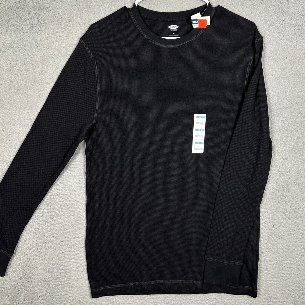 NEW Old Navy Thermal Shirt Mens Medium Black Waffle Knit Crewneck Long Sleeve